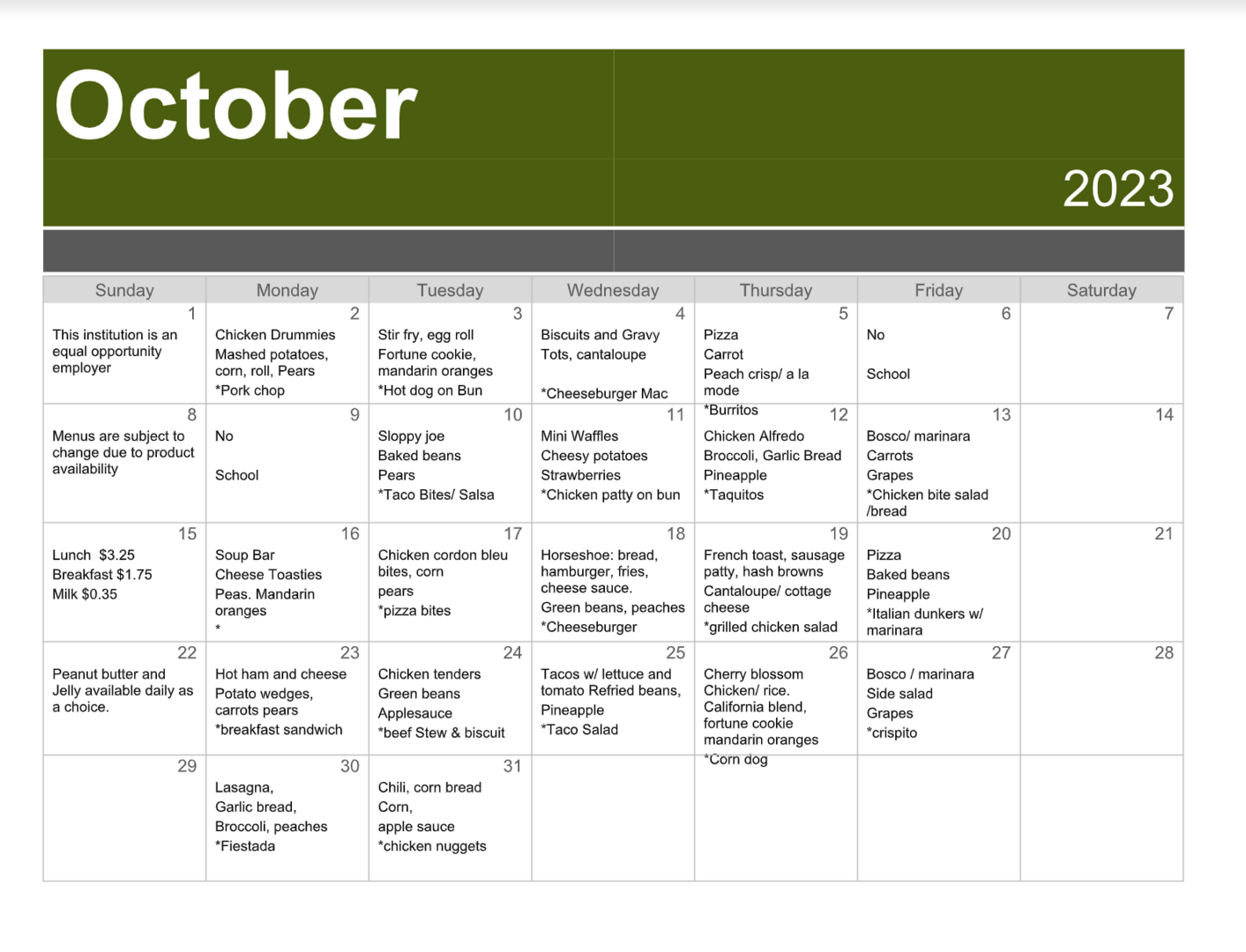Oct Menu